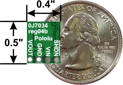 Underside of the Pololu D36V6F5 showing pads VOUT GND VIN SHDN beside a coin